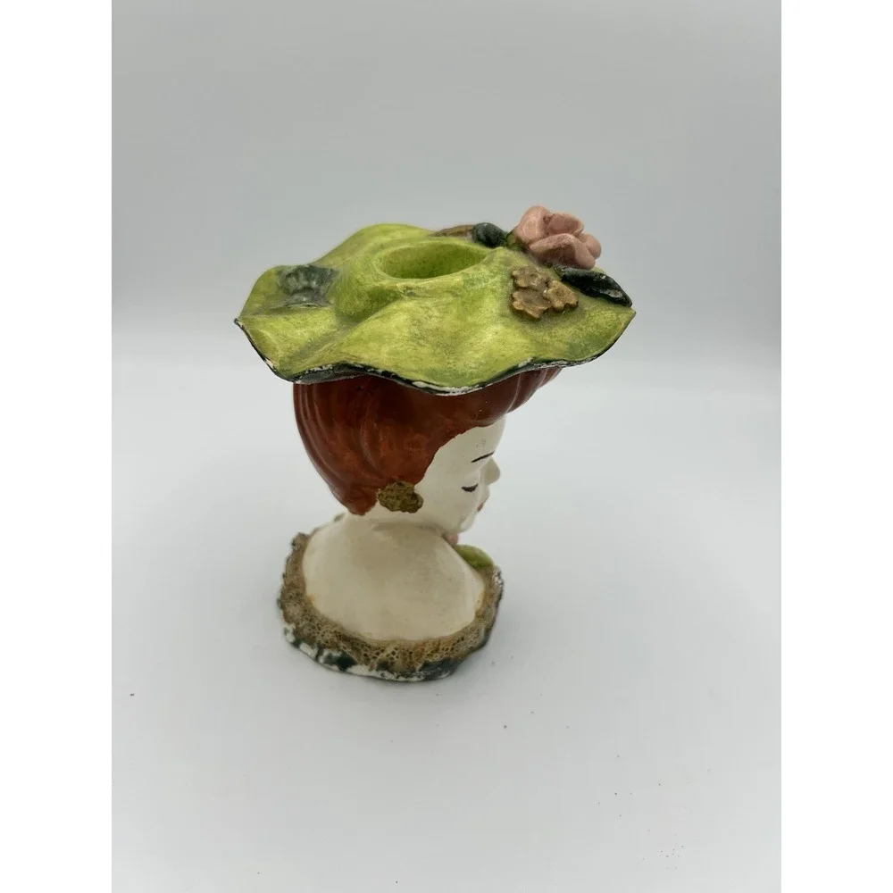 Ceramic Lady Head Bust Candle Holder Green Floral Hat Pink Roses Mid Century